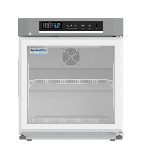 Migali Scientific MP-U2RG-HC 21" undercounter medical refrigerator 2.0 cu.ft. glass door on a white background