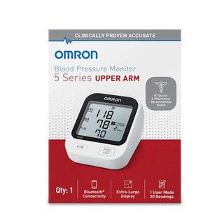 Omnron 5 series blood pressure monitor packaging on a white background