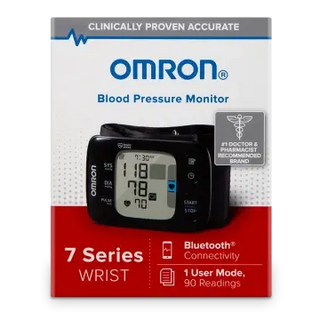 Omron blood pressure monitor packaging on a white background