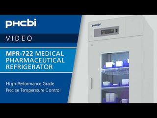 PHCbi swing glass door pharmaceutical refrigerator with glass window door, LED display, forced-air circulation, and pharmaceutical-grade temperature control