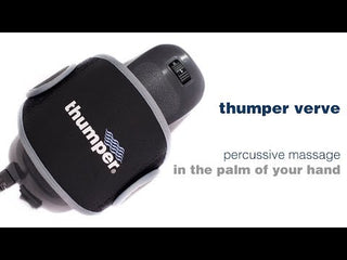 Thumper Verve G501NA gray and blue single-head percussion massager with palm-grip hand strap.