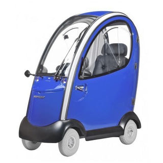 Blue and black microcar/ mobility scooter on a white background