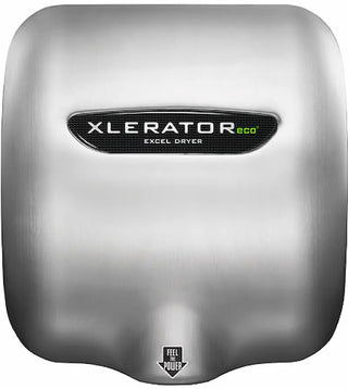 Brushed stainless steel XLERATOReco hand dryer mounted on a restroom wall, featuring touchless automatic operation, high-speed drying technology, and a sleek commercial design.